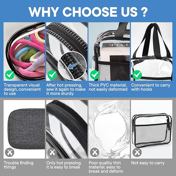 XEWEA Clear Travel Toiletry Bags & Small Electronic Accessories Organizer Case, 6 PCS TSA Approved Transparent Makeup Bag for Women Men, Waterproof PVC Quart Pouch with Zipper for Airline Essentials