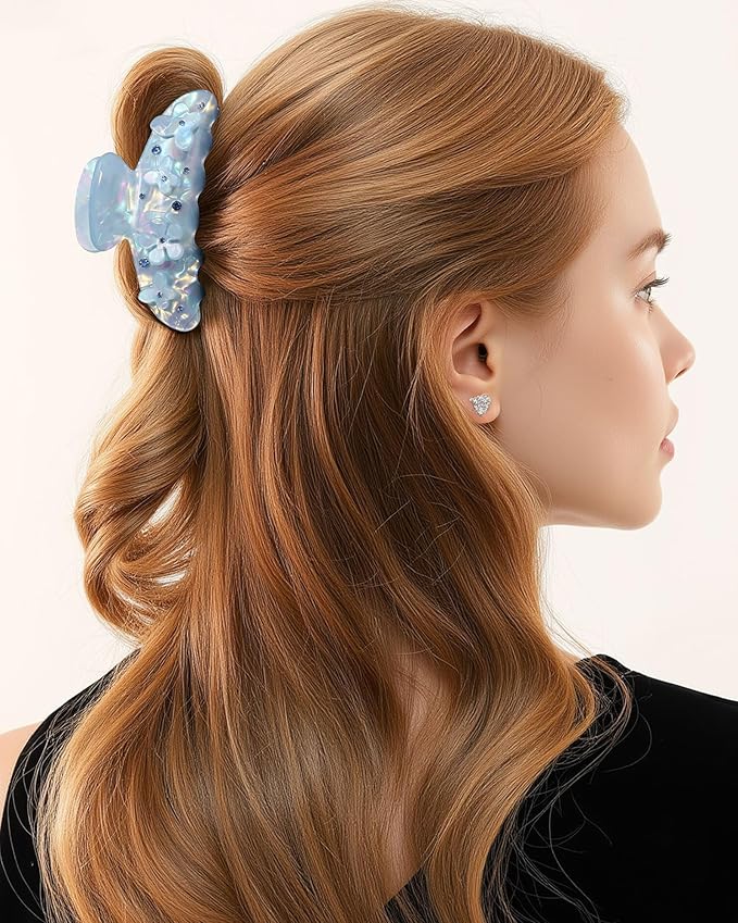 3PCS Acrylic Flower Hair Claw Clips - 2 Styles Durable Medium Small Claw Clips for Women, Strong Hold Cute Non Slip Stylish Accessories Decroation Buns for Thick Thin Hair (blue)