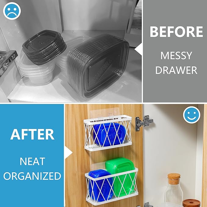 YIGII 3 Pack Adhesive Cabinet Door Organizer - Lid Storage Organizer for Tupperware, Wall Mounted Pantry Door Organizer Kitchen RV Storage Wall Under Sink Basket Slim Space, White Stainless Steel