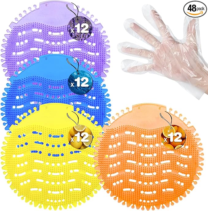 48 Pack Urinal Deodorizer Screen with 100 Gloves, 3D Wave Anti-Splash Odor Protection Urinal Cakes for Men Toilets Dry Wet Urinal Deodorant Bathroom Office Mall Hotel Four Scents Urinal Mats