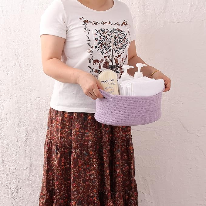 Cute Oval Cotton Rope Wicker Storage Basket with Handle - Empty Baby Nursery Box Bin Organizer for Kids, Cats, Dogs & Easter - Light Purple Lavender