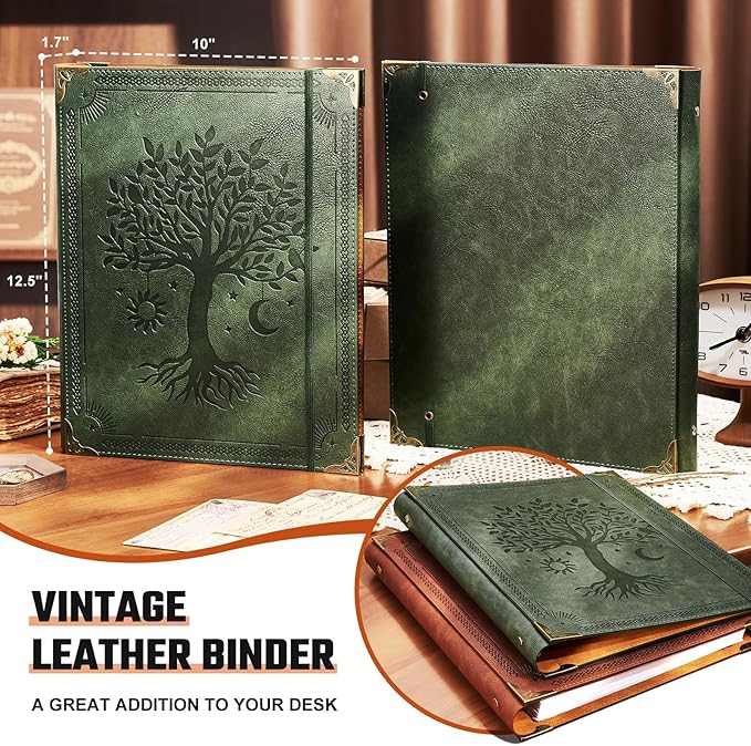 Ovesmusl Leather 3 Ring Binder Fits 8.5"x11" Letter Size Paper, 1 Inch Round Ring Binder Holds 200 Sheets, Notebook Cover Loose Leaf Organizer, Green Tree