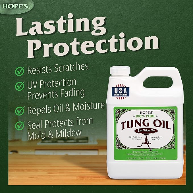 HOPE'S 100% Pure Tung Oil, Food Safe, Premium Waterproof Natural Wood Finish and Sealer for Indoor and Outdoor Projects, 32 Fl Oz, 2 Pack