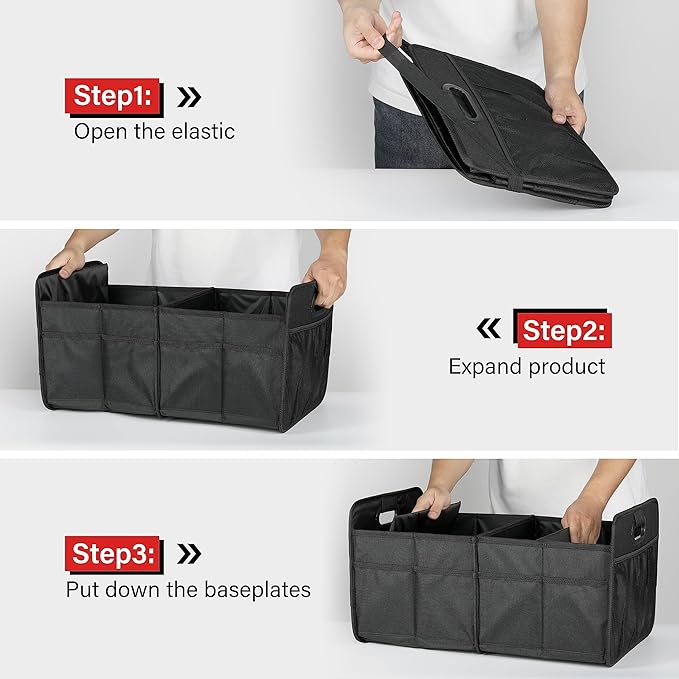 Simple Deluxe Car Trunk Organizer, 2 Compartments Suv Trunk Storage Organizer with Large Capacity Waterproof Collapsible Anti-slip Design, for Car Suv/Jeep/Sedan, Standard Size, Black, 2 Pack