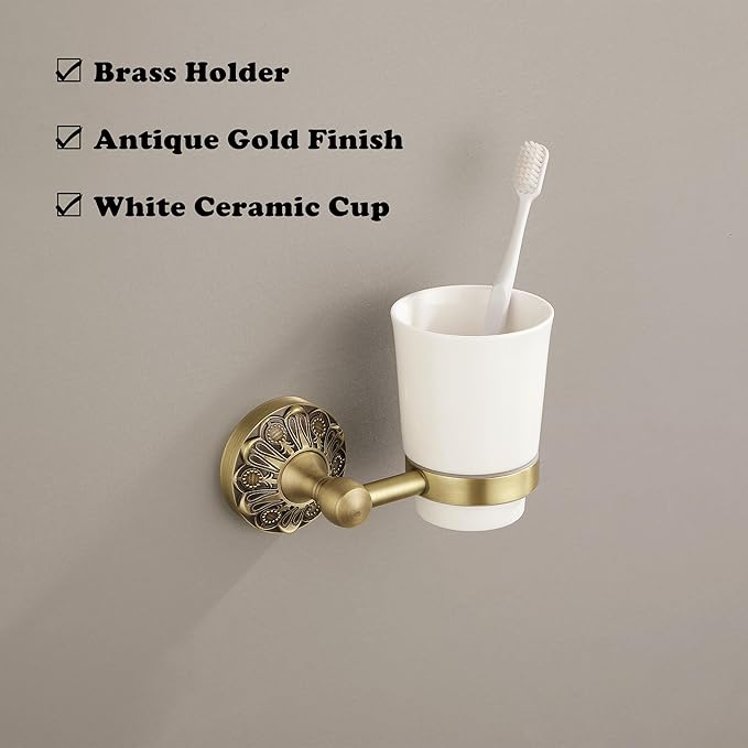 Antique Brass Toothbrush Holder, Wall Mounted Bathroom Tumbler Cup Set, Vintage Gold Decorative Bathroom Accessories, Ceramic and Brass, Petal-Relief Series