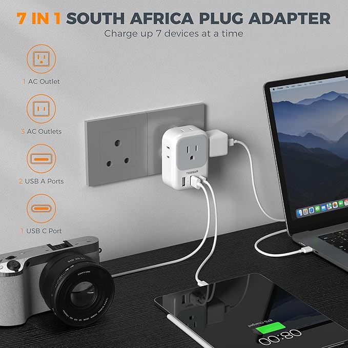 South Africa Plug Adapter 2 Pack, TESSAN Type M Power Adapter with 4 AC Outlets 3 USB Ports (1 USB C), Travel Adapter US to Botswana Namibia Nepal Bhutan
