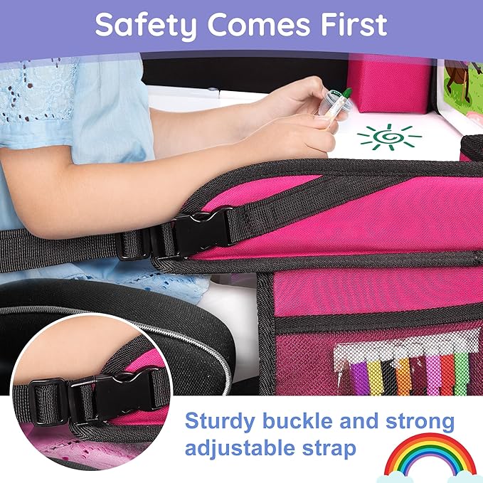 ‎Kids Travel Tray, Kids Travel Trays for Car Seat, Road Trip Essentials for Toddler, Carseat Lap Tray with Dry Erase Board & Storage Organizer for Road Trip Activities for Kid, Pink