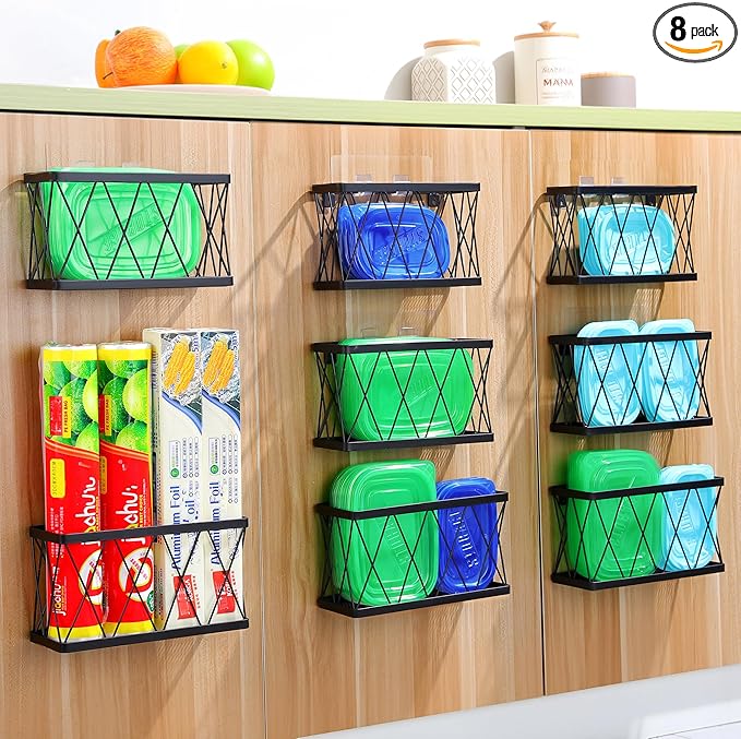 YIGII 8 Pack Inside Cabinet Door Storage, Lid Organizer for Pyrex, Kitchen Bathroom Pantry Storage Organizer Baskets Slim Stainless Steel, Black