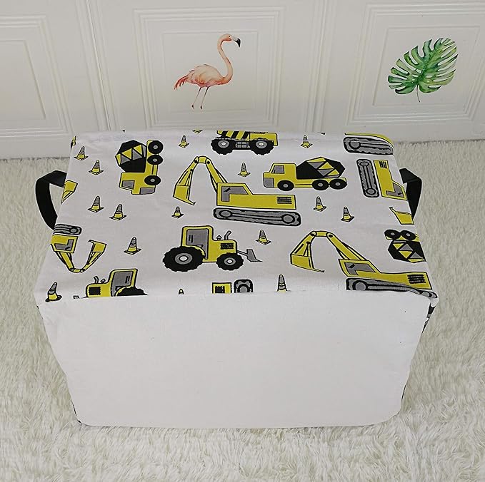 KUNRO Rectangle Yellow Storage Basket Gift Shelf Basket Storage Bin, Nursery Basket Organizer Box for With Handles for Room Deco (Excavator)