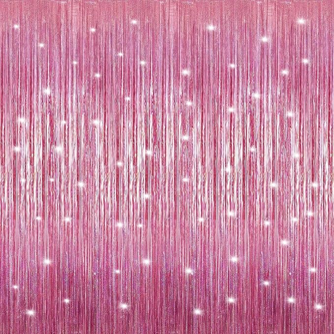 2 Pack Laser Hot Pink Foil Fringe Curtains Streamers Party Decorations 3.3 x 8.2 ft, Tinsel Curtain Fringe Backdrop for Parties, Door Fringe Birthday Streamers, Barbie Backdrop Party Decorations