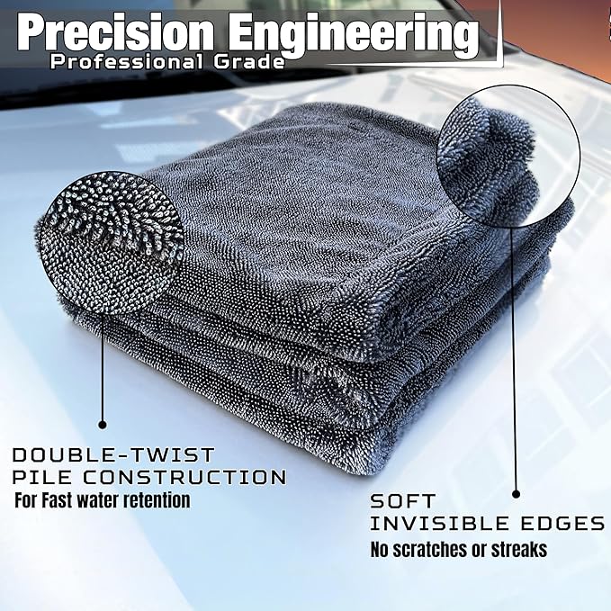 WEST BROS XL Car Drying Towel, 1300 GSM Professional Car Towel with Double Twisted Loop, Car Drying Towels Extra Large Super Absorbent, Microfiber Drying Towels for Cars, Trucks, SUVs - 40"x24", Gray