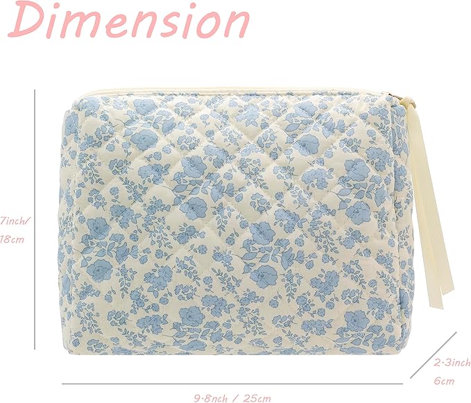 PAZIMIIK Quilted Makeup Bag Large Travel Zipper Soft Cosmetic Pouch for Women Girls Make Up, Little Flower Blue