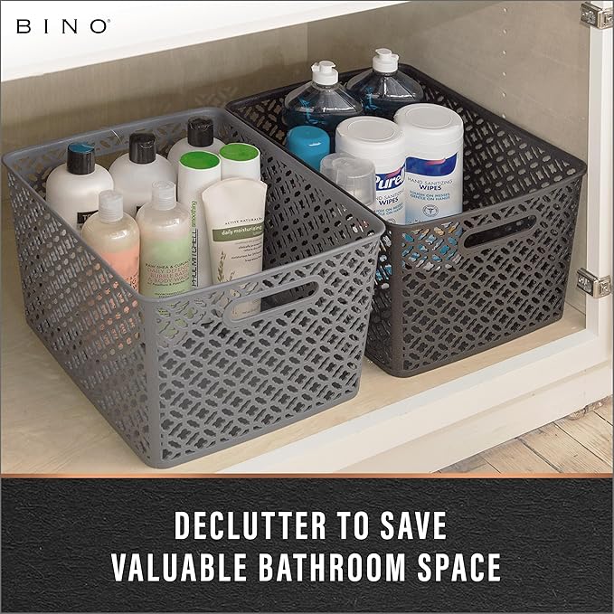 BINO l Plastic Storage Baskets, Large - Grey l THE BLOSSOM COLLECTION l Multi-Use Organizer Bin l Built-in Handles l Plastic Woven Basket for Organizing l Pantry & Home Organizing Basket