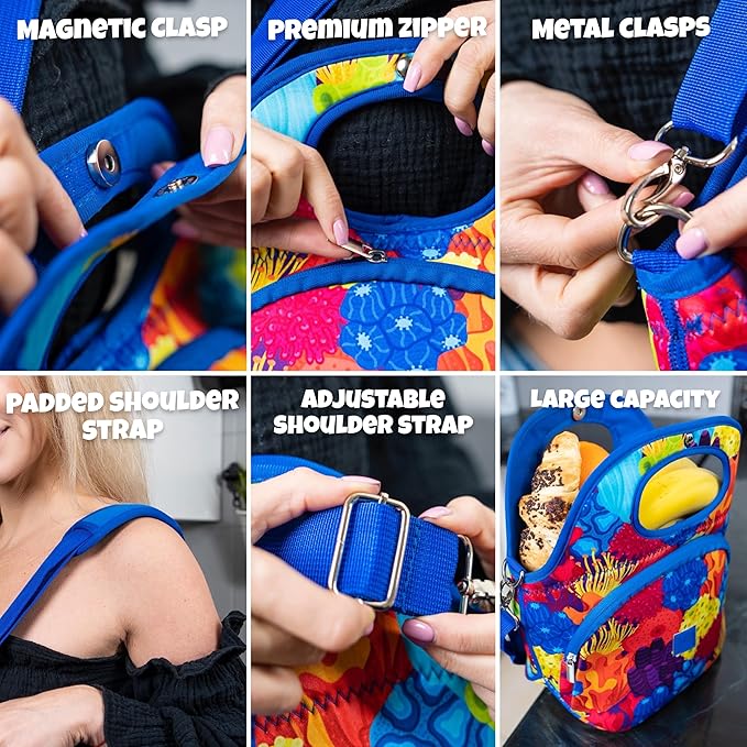 Made Easy Kit Large Insulated Lunch Tote Bag – Stylish Neoprene Carrier Foil Lining, Front Zipper Pocket & Shoulder Strap – Machine Washable, Lightweight, Travel Ready (Coral Reef Sea)
