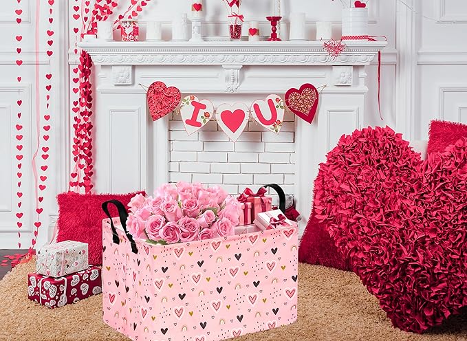 Rec Pink Heart Print Box Hamper Storage Basket Collapsible Organizer Bin Gift Shelf Baskets for Home and Kitchen Storage
