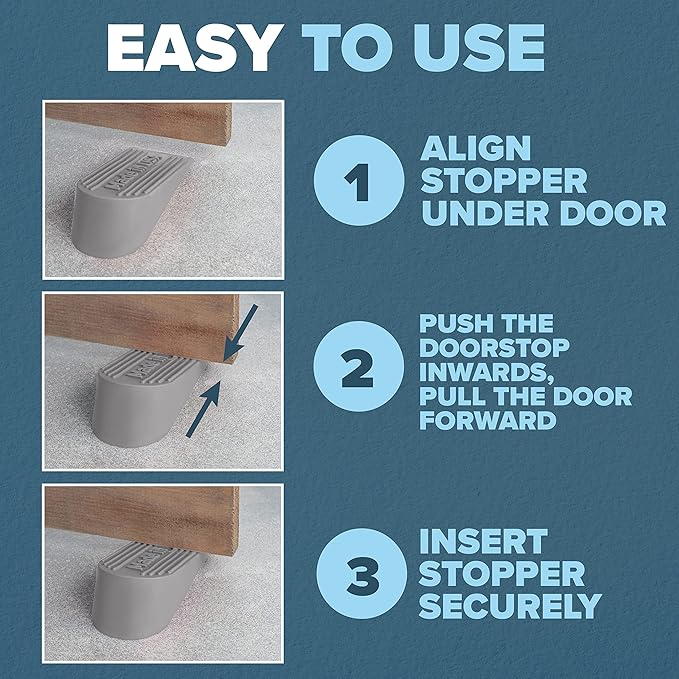 Large Rubber Door Stopper Made in USA - Door Stop Wedge for Carpet, Tile, or Concrete Floor, Door stoppers for Bottom of Door -Heavy Duty for Commercial & Home Use - 6.5 x 2.75 x 1.9 Inches Grey 2PK