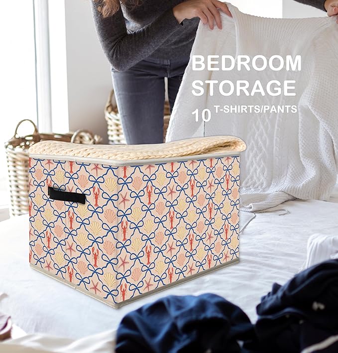 Coquette Blue Bow Beach Storage Bins Box with Handles, Coastal Preppy Lobster Starfish Seashell Collapsible Fabric Storage Basket Box Organizer for Bedroom Bathroom Clothes Toys Books