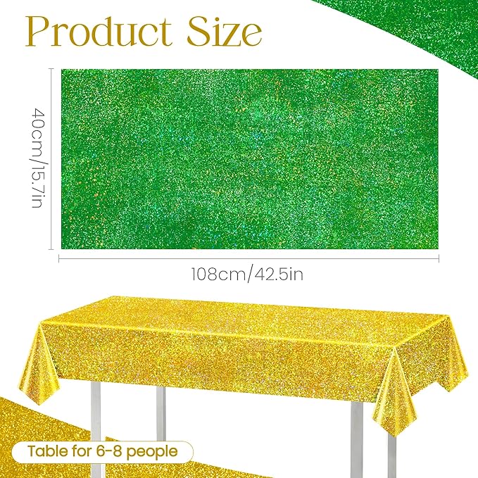 Just Shimmer Sparkling Holographic Laser Tablecloth - Shimmering, Waterproof, Easy to Clean - Ideal for Bachelorette, Birthday, Wedding, and Anniversary Party Decorations (Green & Gold, 2)