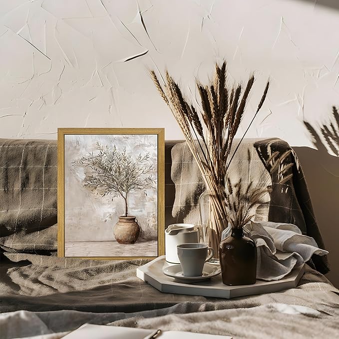 Wood Framed Olive Tree Canvas Wall Art, Room Aesthetic Oil Painting, Rustic Vintage Potted Plant Wall Decor, Neutral Botanical Artwork for Living Room Kitchen Dining Room Farmhouse Home Decor 8x10 in