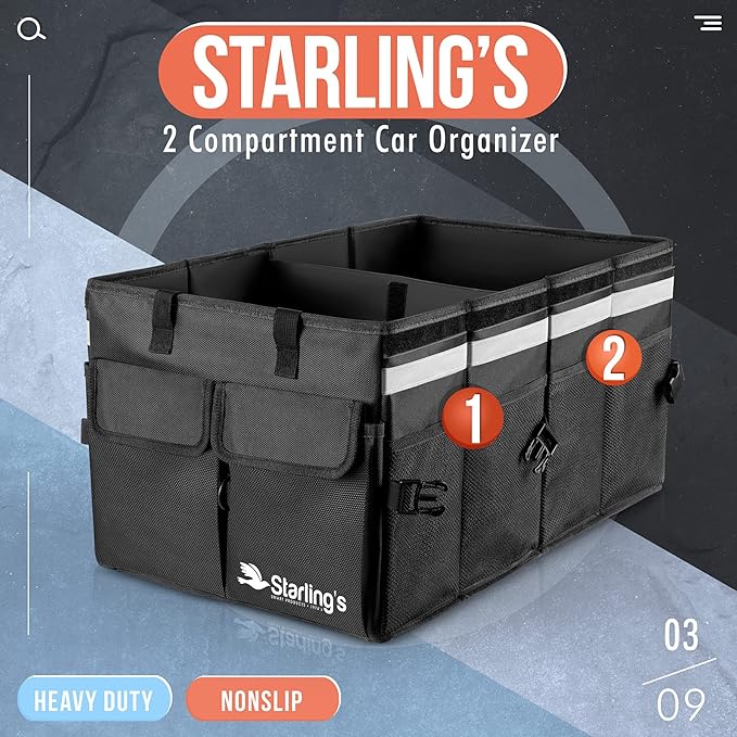 Starling's Car Trunk Organizer Super Strong, Foldable Storage Cargo Box for SUV, Auto, Truck Nonslip Waterproof Bottom, Fits any Vehicle, Comes with Adjustable Tie-Down Straps with Lid (Black, 2