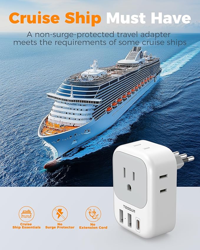 Italy Travel Plug Adapter PD 20W, TESSAN Type L Adapter for Travel with 4 Outlets 3 USB Ports (1 USB-C), Power Adaptor for US to Italy Chile Rome Uruguay Milan Libya