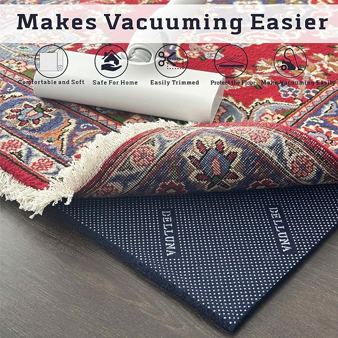 DELLUNA Non-Slip Area Rug Pad 1/4" Thick Double Side Rubber + Felt, 3'x5' Premium Deluxe Cushioned- Safe for All Floors, Adds Comfort and Protection, Ultra Strong Grip, Stop Rug from Moving.