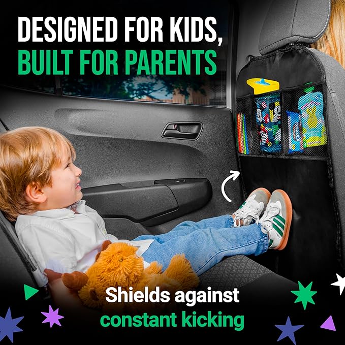 2 Pack Kick Mats Back Seat Protector - Backseat Car Organizer for Kids, Car Storage Organizer, Back Seat Cars Organizers, Cars Organizers Backs Seats, Travel Accessories, 3 Pockets