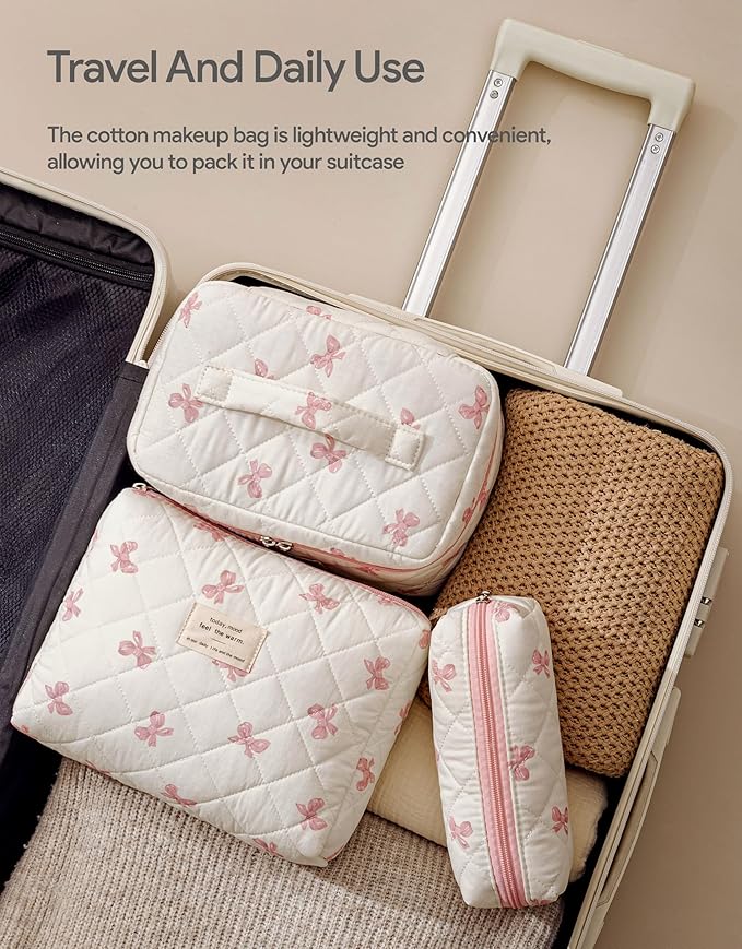 HBselect Quilted Makeup Bag, 3PCS Cotton Large Travel Makeup Bag, Cute Floral Coquette Make up Bag Cosmetic Bag Toiletry Bag for Women Girls