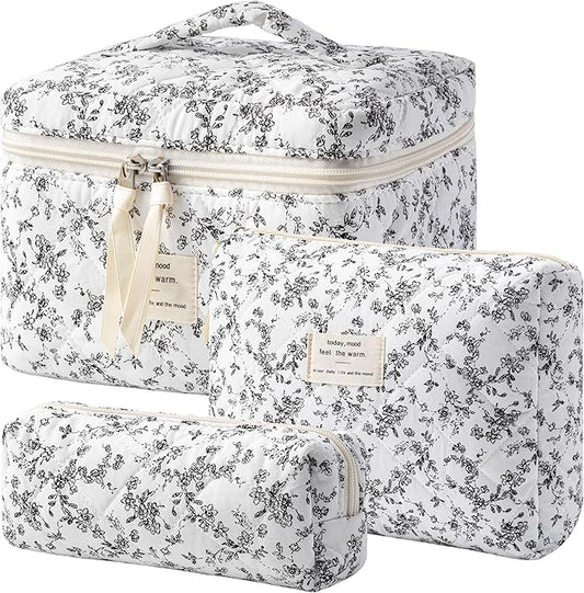 HBselect Quilted Makeup Bag, 3PCS Cotton Large Travel Makeup Bag, Cute Floral Coquette Make up Bag Cosmetic Bag Toiletry Bag for Women Girls