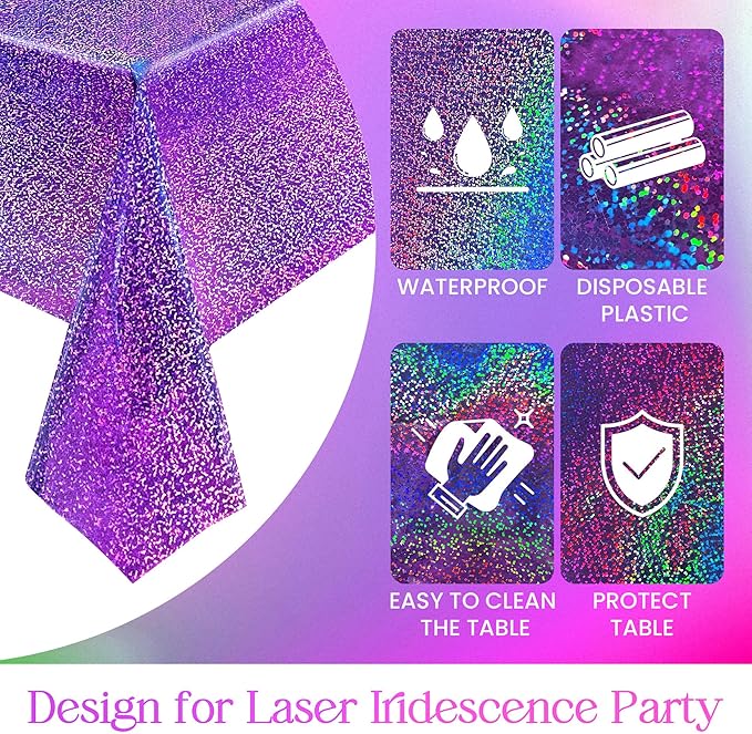 Purple & Fuchsia Red Holographic Tablecloth 40" x 108" Hot Pink Party Decoration Valentine's Day Birthday Party Table Decor Iridescence Plastic Table Cloth for Halloween Bachelorette Supplies
