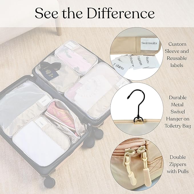 9 Set Packing Cubes - Suitcase Organizer, Cute Packing Cubes, Travel Bags Organizer for Luggage with Hanging Toiletry and Shoe Bag, Travel Essentials for Women, Men and Kids -Beige