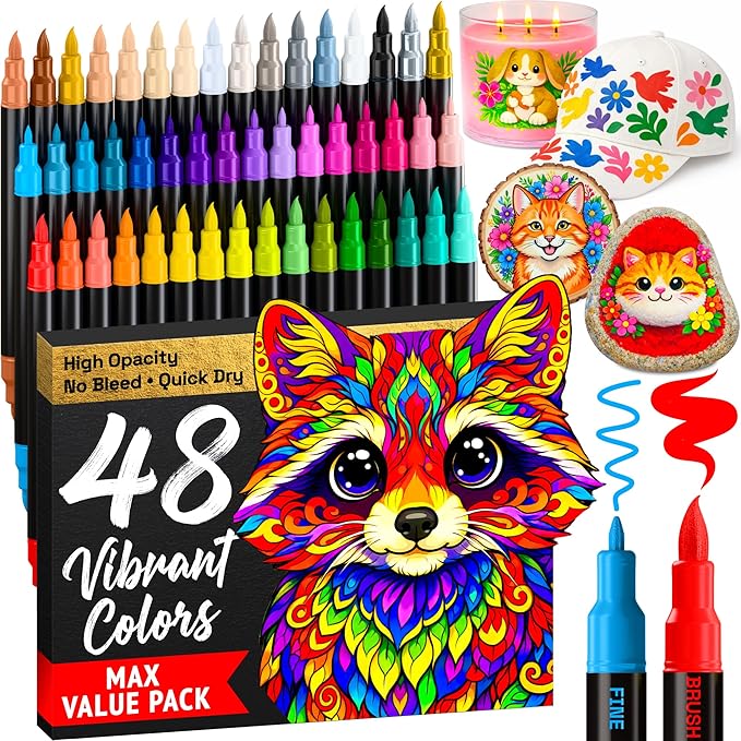ARTISTRO 48 Acrylic Paint Markers - Paint Pens for Drawing, Brush + Fine Tips - For Fabric, Rock, Glass, Wood, DIY - Art & Craft Supplies for Adults, Teens, Kids - Teacher Appreciation Gift