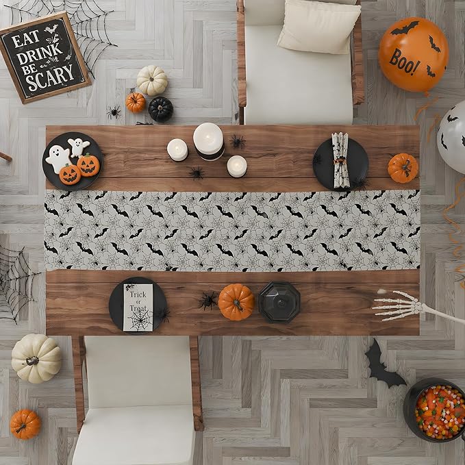 Halloween Decorations - Bats Spider Web Table Runner | Halloween Party Favors for Indoor Outdoor - Halloween Decor Supplies Backdrop Tablecloth for Home Office Kitchen