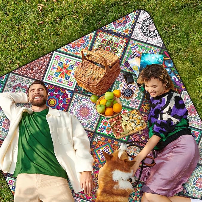 Waterproof Picnic Outdoor Blanket, 79" x 59" Sandproof Foldable Large Picnic Blanket for Beach, Camping, Park, Travel, Concert, Great Gift for Families and Couples (Bohemian Color)