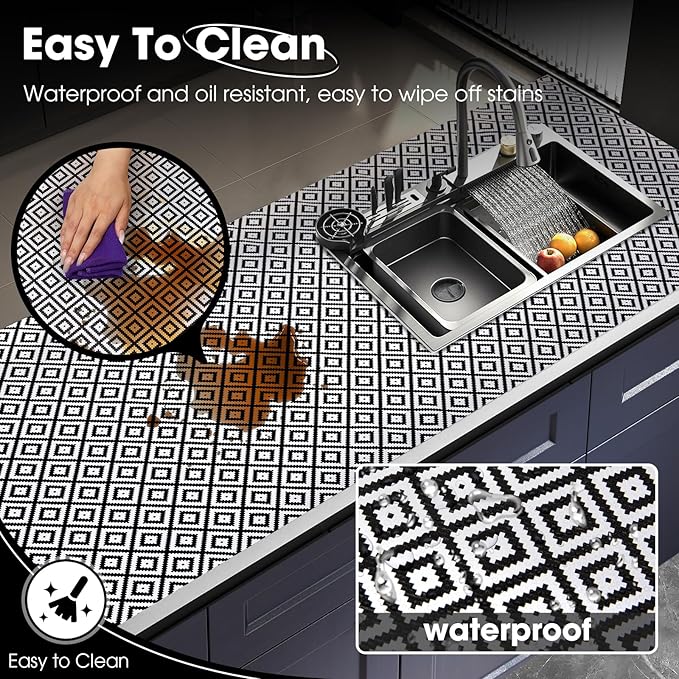 Drawer and Shelf Liner, Non-Slip Kitchen Cabinet Liners Non-Adhesive Thick Strong Grip Waterproof Washable Mats Protect Dresser Shelves Cupboard Bathroom Cabinets, Black & White, 18 in X 30 FT