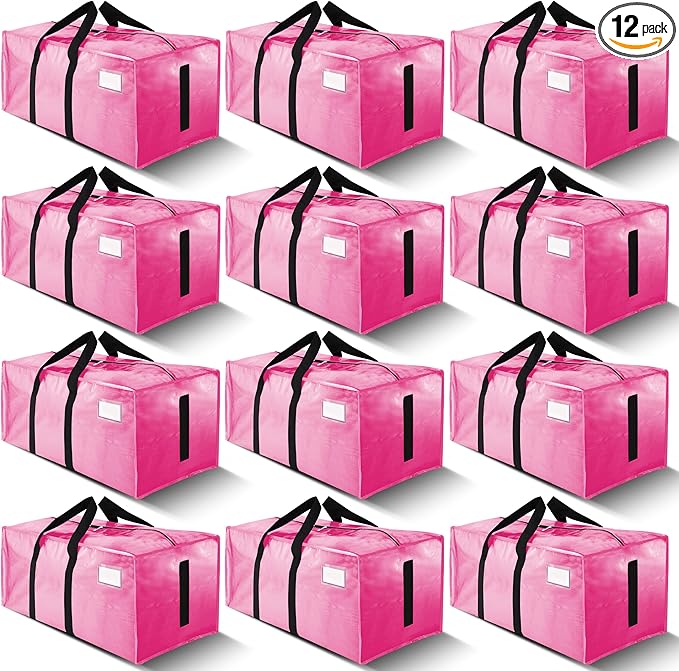 HOMESURE Supports 200lbs Heavy Duty Moving Bags - Strong Zipper & Wrap-Around Handles - Water-Resistant Storage Totes, Durable Alternative to Moving Boxes - 12 Pack - Pink