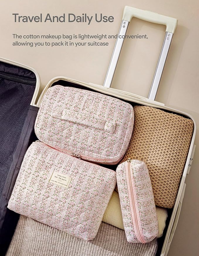 HBselect Quilted Makeup Bag, 3PCS Cotton Large Travel Makeup Bag, Cute Floral Coquette Make up Bag Cosmetic Bag Toiletry Bag for Women Girls