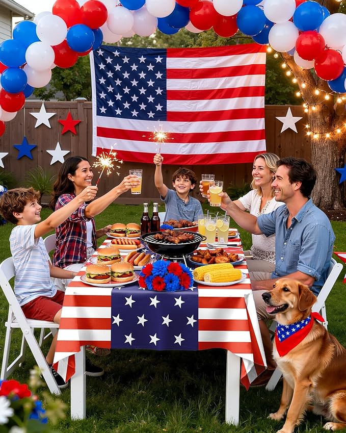 Pureegg 4th of July USA 250th Anniversary Plastic Tablecloth Disposable 10 Pack, Patriotic American Flag Rectangle Table Cover 54 x 108 Inch, Table Cloth for Independence Day BBQ Picnic Party