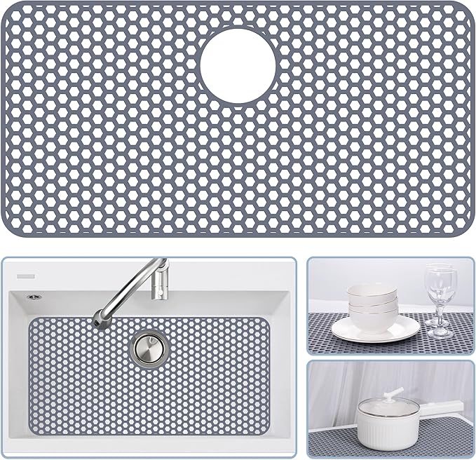 Silicone Sink Protectors for Kitchen Sink with Rear Drain - 28.3"x 15.7" Kitchen Protector Accessory, Non-Slip Heat Resistant Mat for Bottom of Farmhouse Stainless Steel Porcelain (Gray)