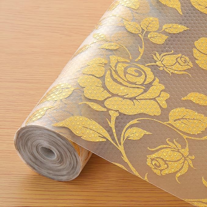 INNOLITES Shelf Liner for Cabinets, Non-Adhesive for Kitchen Drawer Liner, Waterproof Shelf Paper with Floral Pattern, Durable Easy to Clean (Golden Rose, 11.8" x 240")