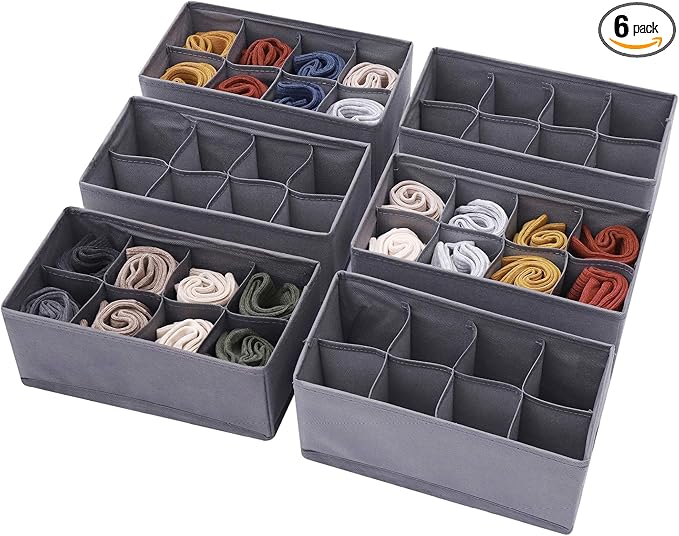 DIOMMELL 6 Pack Foldable Cloth Storage Box Closet Dresser Drawer Organizer Fabric Baskets Bins Containers Divider for Clothes Underwear Socks Lingerie Clothing, M Grey 00-0600