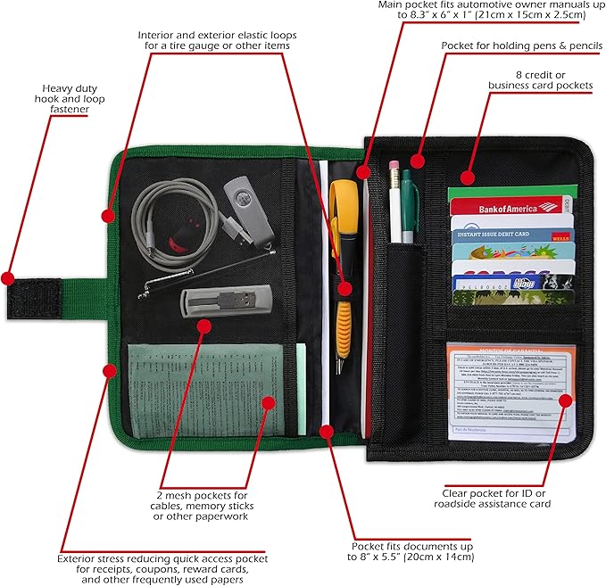Glove Box Compartment Organizer - Car Document Holder - Owner Manual Case Pouch - Vehicle Storage Wallet for Registration & Insurance Card - Premium Auto Paperwork Holder - Log Book included - Green