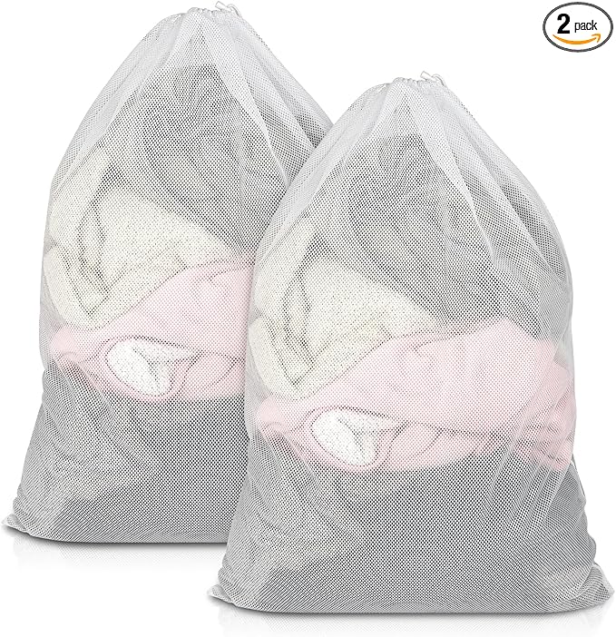 2 Pack Mesh Laundry Bags, 23 x 34 Inches Heavy Duty Mesh Laundry Bag, Large Laundry Drawstring Bag for College, Dorm, Travel, Family and Apartment Dwellers, White