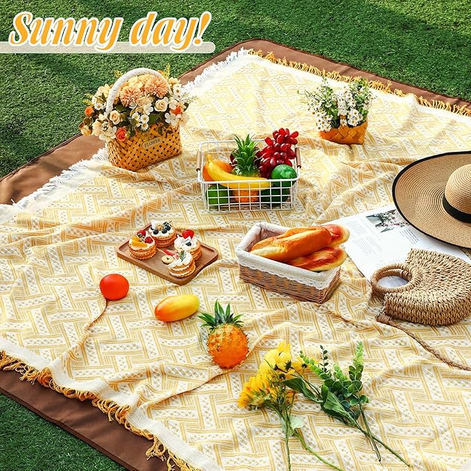 VitalCozy Waterproof Picnic Blankets Outdoor Blanket Foldable 2 in 1 Double Layer Sandproof Beach Mat with Carry Strap for Camping Lawn Park Beach Grass (Yellow White)