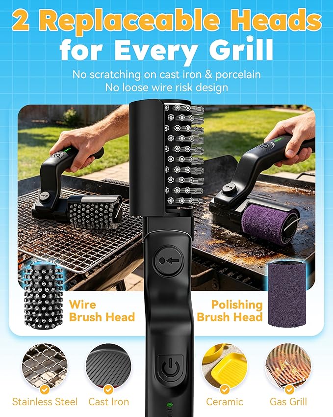 Electric Grill Brush Cordless – Rechargeable BBQ Grill Brush for Outdoor Grill, 3 Powerful Speed, Bristle-Free Safe, 180° Adjustable, Stainless Steel Rotary Brush Head, Grill Cleaning Tool