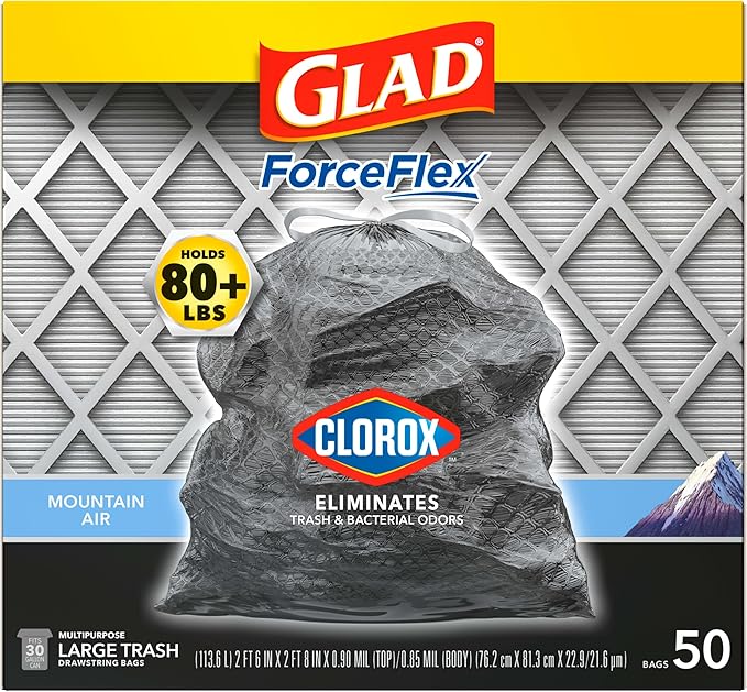 Glad ForceFlex Heavy Duty Trash Bags With Clorox, Mountain Air, 30 Gal (Package May Vary) 50 Count (Pack of 3)