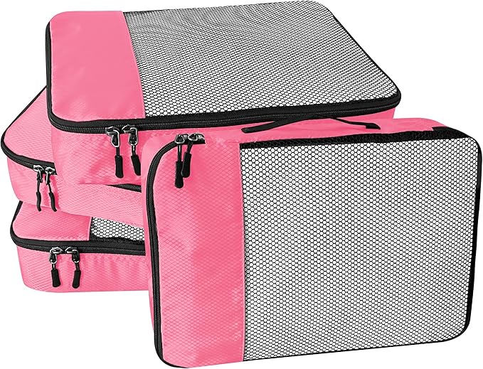4-Piece Packing Cubes Travel Accessories Set for Suitcases - Luggage Organizer Bags with Double Zipper - Mesh Top - Small - Pink