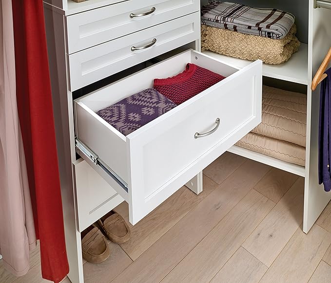 ClosetMaid SuiteSymphony Wood Closet Drawer, Add On Accessory, Shaker Style, For Storage, Closet, Clothes, 25” x 10” Size for 25 in. Units, Pure White
