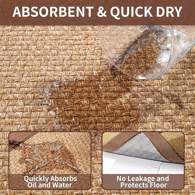 YDKGL Kitchen Mats for Floor, Rubber Backing Kitchen Rugs Non Slip Washable, Super Absorbent Jute-Like Braid Kitchen Runner Rug Sink Mat Standing Mat, Easy to Clean, Brown 17"x30"