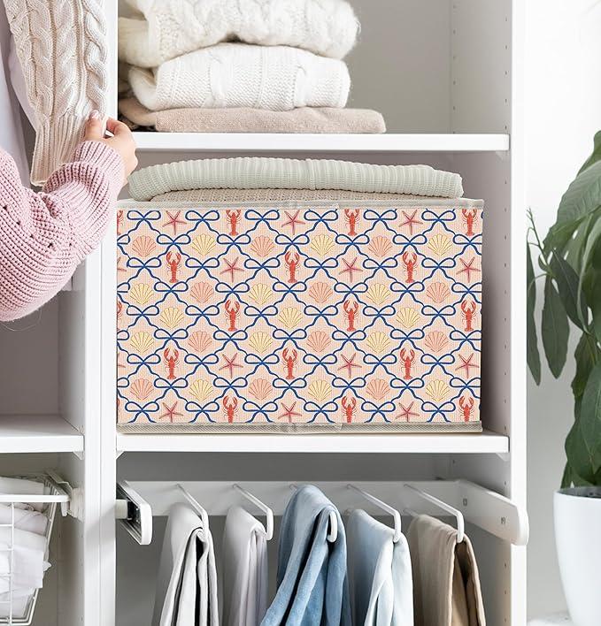 Coquette Blue Bow Beach Storage Bins Box with Handles, Coastal Preppy Lobster Starfish Seashell Collapsible Fabric Storage Basket Box Organizer for Bedroom Bathroom Clothes Toys Books